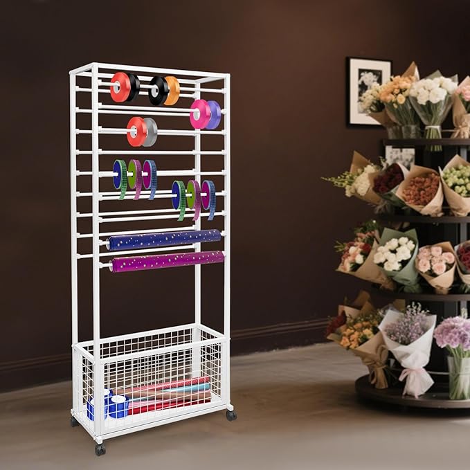 20-Tier Double-Sided Ribbon Holder Organizer Rack with Storage Basket & Wheels, Multifunctional Flower Wrapping Paper Display Stand for Craft Rooms, Flower Shops (White, 26.38''W x 12.6''D x 59.06''H)