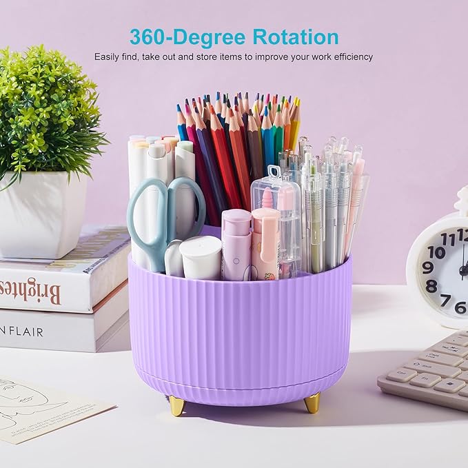 360 Rotating Plastic Desk Pen Organizer with 5 Slots, Dual-Purpose Art Supply Pencil Cup for Office, School, Home Light Purple