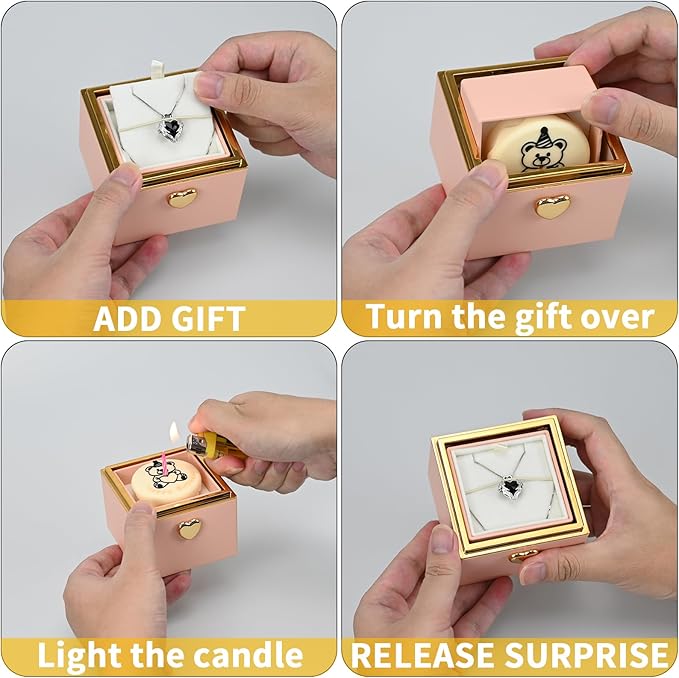 Rotating jewelry box, pop-up surprise gift box, romantic birthday surprise rotating necklace and ring box, Valentine's Day, birthday, anniversary, wedding gift (Pink)