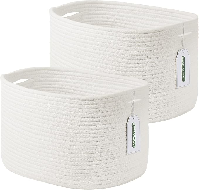 ECDYQXVU Cotton Rope Storage Basket, 15x10x9 Inches, Woven Basket for Shelves, Clothes, Towels, Books, and Laundry, White (2 Pack)