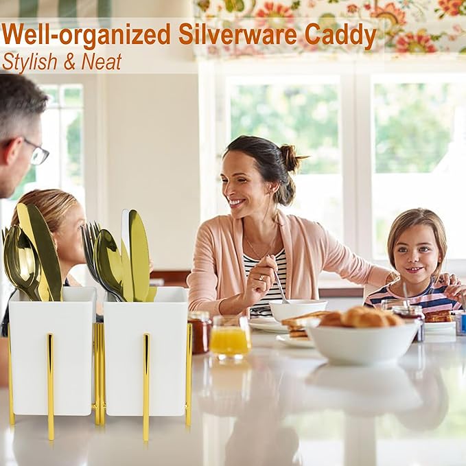 ECOIOU Silverware Caddy with Drain Holes, Cutlery Holder for Party Countertop, kitchen counter, Melamine Bins Set Kitchen Utensil Holder for Spoons, Forks and Knives, White, Pack of 2