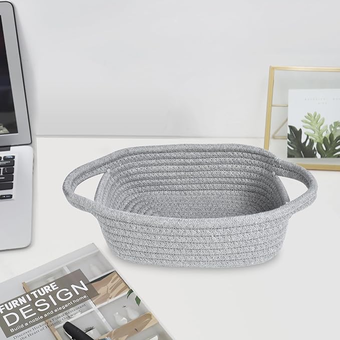 ABenkle Small Storage Basket, Mini Basket, Cute Tiny Cotton Rope Woven Basket, Shelf Basket, Boho Decorative Toy Dog Cat Basket for Nursery, Bedroom, Spa, Empty Gift Basket - XS,Grey