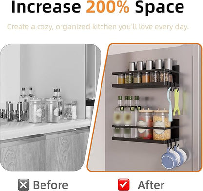 Magnetic Spice Rack for Refrigerator, 2 Pack Magnetic Shelf, Fridge Magnet Organizer with Moveable 6 Hooks, Magnetic Fridge Shelf for Kitchen Organization and Storage(Black, 2 Pack)