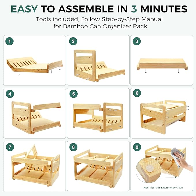 MinBoo Adjustable Can Organizer Rack, Two Tier Bamboo Stackable FIFO Cans Dispenser, Modern Style, Countertop, Assembly Required, Anti Shedding