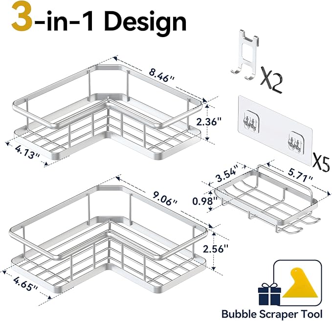 YASONIC Corner Shower Caddy Organizer, Self-Adhesive Rustproof Bath Shelves with Soap Holder & 4 Hooks, Large Capacity Shower Storage Rack for Bathroom Organization, (3Pack, Silver)
