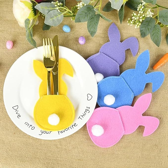 Easter Bunny Cutlery Bags Flatware Holder Bunny Shape Silverware Felt Utensil Cutlery Holders Pouch Bags Utensil Sleeve Pockets for Spring Birthday Table Place Settings Tableware Party Supplies 8Pcs