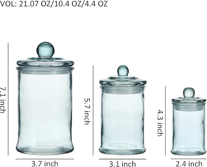 Glass Apothecary Jar | Bathroom Storage Organizer Canister (Set of 3, Blue)
