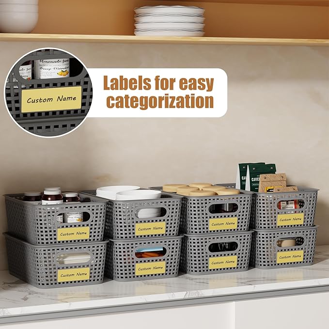 8 Pcs Plastic Storage Baskets with Plastic Lids and Labels 5.29qt Stackable Box Basket Pantry Decorative Containers, Small Storage Bins for Desktop Organizing Shelves Drawers Cabinets 10*7.2*4.1"