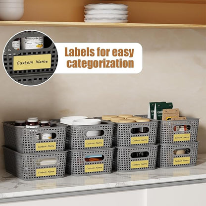 8 Pcs Plastic Storage Baskets with Plastic Lids and Labels 5.29qt Stackable Box Basket Pantry Decorative Containers, Small Storage Bins for Desktop Organizing Shelves Drawers Cabinets 10*7.2*4.1"
