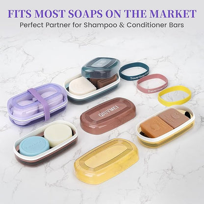 Shampoo Bar Holder and Soap Case, Leakproof Travel Container with Lid & Drain Tray, Includes Silicone Strap and Soap Bag, Compatible with Kitsch Solid Shampoo & Conditioner Bars(Grape Purple, Large)