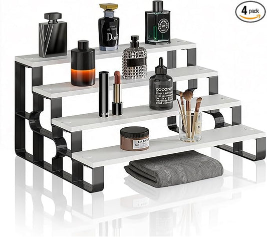4Tier Makeup Organizers,Bathroom Organizer,Perfume Organizer for Dresser,Cologne Stand for Women,Wood Display Riser Stand for Vanity,Bedroom,Dressing(White-Width=14")
