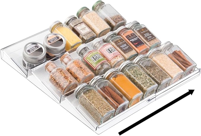 mDesign Expandable Plastic Deluxe Spice Rack, Drawer Organizer for Kitchen Cabinet Drawers, 3 Tier Slanted for Spice Jars, Food Seasoning Bottle Storage, Ligne Collection - Clear