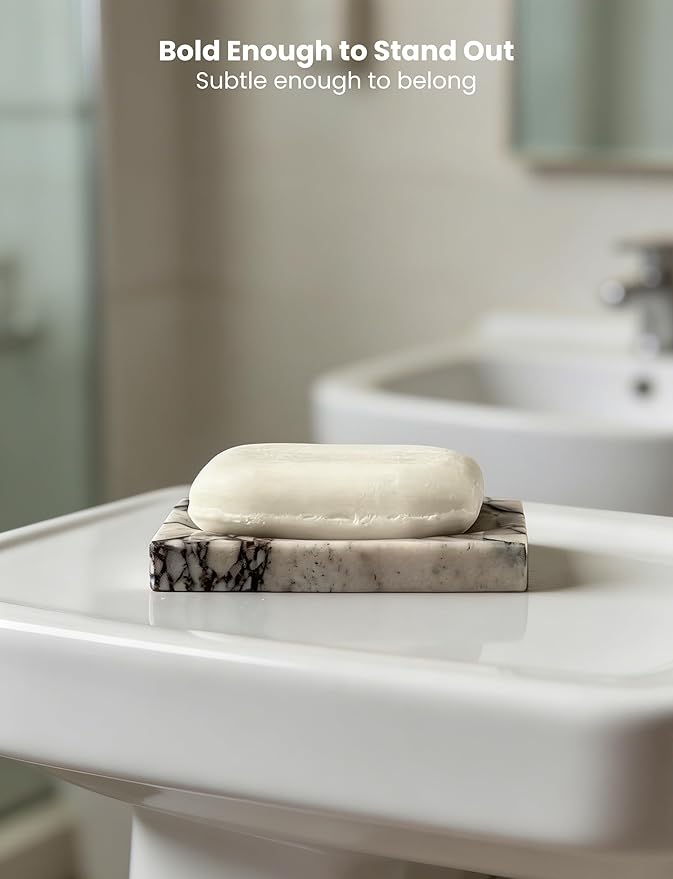 Marble Soap Dish for Shower - Stone Soap Tray Holder, Natural Soap Bar Holder Countertop Caddy, Marble Bathroom Accessories (Calacatta Violet)