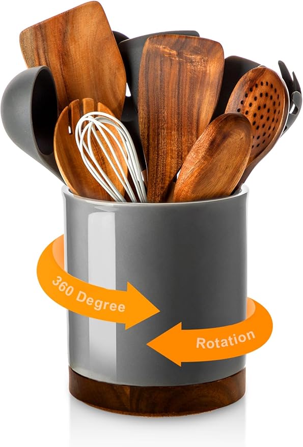 Nucookery 360°Rotating Utensil Holder, 7.2" Large Utensil Crock, White Ceramic Cooking Utensil Organizer,Farmhouse Kitchen Decor Christmas Thanksgiving Gift (Gray)
