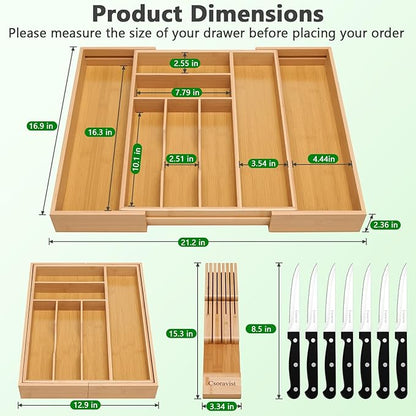 9-Piece Bamboo Kitchen Drawer Organizer Set, Expandable Silverware &Utensil Organizer with Removable Knife Block & Steak Knives, Flatware Organization, Tableware Dividers Storage(Natural)