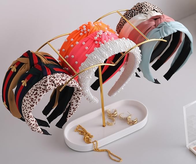 Headband Holder with Ceramic Jewelry Tray,Headband Organizer for Women Girls,Hair Hoop Band Ear Display Stand,Aesthetic Vanity Hair Accessories Organizer for College Dorm Room Gold Decor