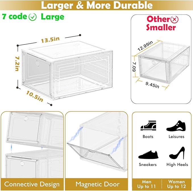 7 code Large Clear Shoe Boxes Organizer【Thicker Material】 Stronger Shoe Box with Magnetic Door, Stackable Shoe Storage Box for Closet, Foldable Space-Saving Storage Bins Shoe Cabinet, White 9 Pack