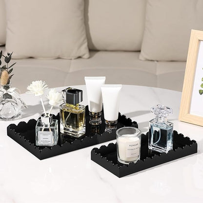 2 Pack Acrylic Bathroom Vanity Tray 7.9" and 9.6", Soap Dispenser Decorative Scalloped Tray for Bathroom Kitchen Living Room Decor Vanity Perfume, Black