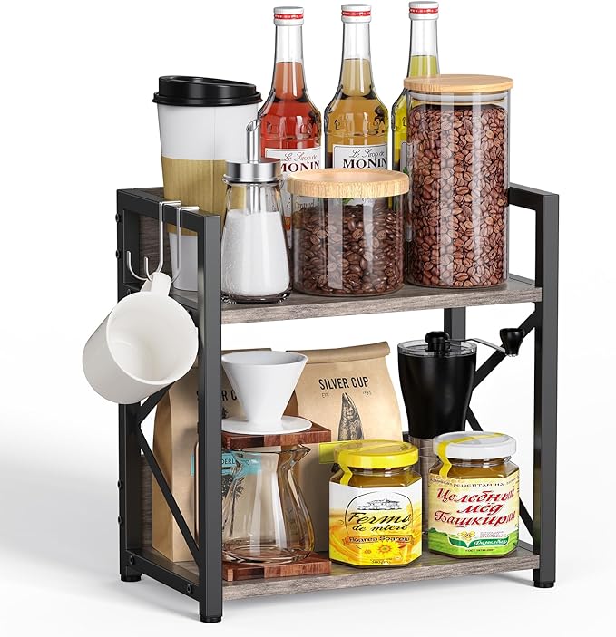 Kitchen Countertop Organizer, Coffee Bar Station Organizer for Countertop, 2 Tiers Kitchen Counter Shelf, Wooden Spice Rack Organizer, Space Saving Desk Shelving Riser Unit