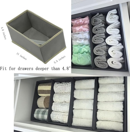 Bructhun Sock Drawer Organizer 3 Pack - Foldable Fabric Storage Bins for Underwear Divider, Small Closet Organizers with 3 Compartments, Light Gray