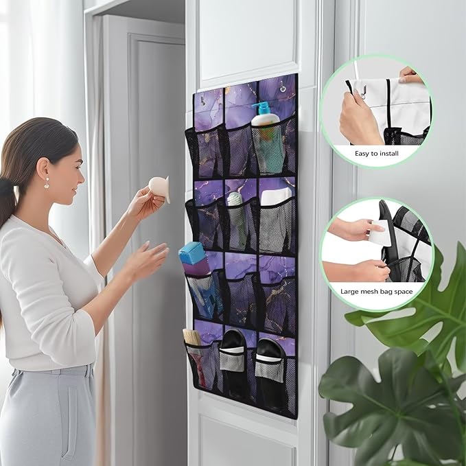 Violet Door Hanger Organizer Mesh Pockets Behind The Door Organizer for School Supplies Storage Marble Shoe Holder Hanger with Hook Design 12 Pockets Wall Hanging Storage
