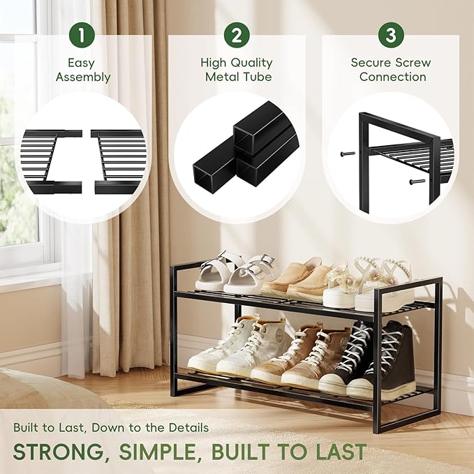 2 Tier Shoe Rack, Industrial 27" Wide Shoe Organizer with Extra Thick Metal Frame, Closet Shoe Shelf with Quick Assembly, Matte Black