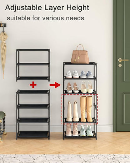 HITHIM 4 Tiers Small Shoe Rack,Narrow Stackable Shoe Shelf Organizer,Sturdy Shoe Stand, Non-Woven Fabric Metal Shoe Racks for Entryway, Doorway and Bedroom Closet