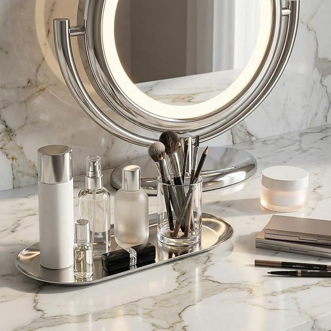 Silver Decorative Tray, 2 PCS Bathroom Vanity Tray for Dresser Counter, Elegant Jewelry Dish Tray for Decor, Silver Platter Serving Tray Organizer for Perfume Trinket Key Candle, Stainless Steel, Oval