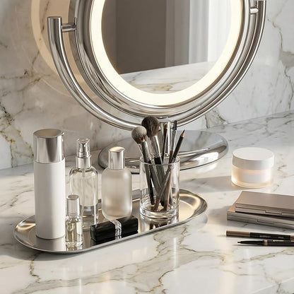 Silver Decorative Tray, 2 PCS Bathroom Vanity Tray for Dresser Counter, Elegant Jewelry Dish Tray for Decor, Silver Platter Serving Tray Organizer for Perfume Trinket Key Candle, Stainless Steel, Oval