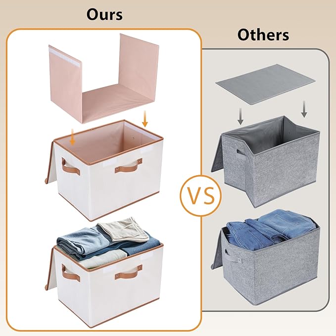 Univivi Heavy Duty Fabric Storage Bins with Lid, Large 17" 10 Gallon Stackable Storage Bins with Leather Handles, Decorative Storage Boxes with Lids for Bedroom, Closet, Nursery, Office, 3-Pack(Beige)