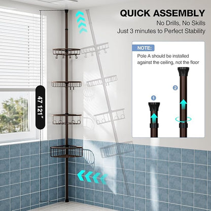 Corner Shower Caddy Tension Pole: Stainless Steel Rustproof 4-Tier Shower Organizer - 47-121 inch Adjustable Bathroom Shelves for Bathtub Shampoo Storage - Tension Rod Floor Standing Bath Rack -Bronze