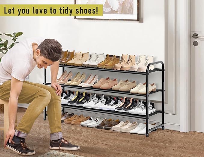 MISSLO 3-Tier Long Shoe Rack for Closet Shoe Organizer for Closet Floor Entryway Storage Stackable Wide Shoe Shelf Stores 24 Pairs of Men Sneakers, Black
