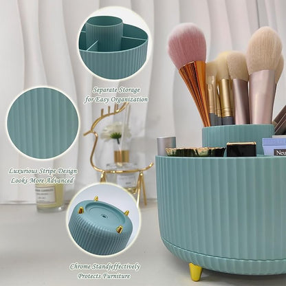 360 Rotating Makeup Brush Holder, Makeup Desk Organizer with 5 Slots Cosmetic Brushes Storage,Makeup Organizer for Vanity, Bedroom Decor, Bathroom Organizer (Blue)
