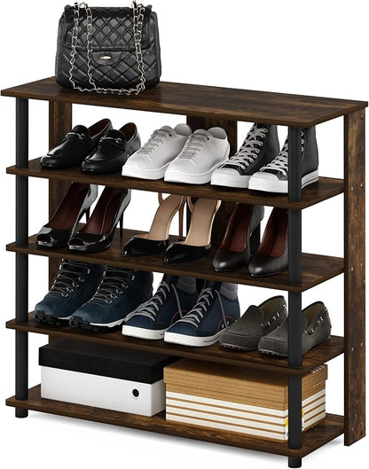Furinno Turn-N-Tube 5 Tier Wide Shoe Rack, Amber Pine/Black