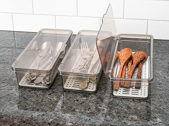 Elsjoy 6 Pack Flatware Trays with Lid and Drainer, Plastic Utensil Holder for Kitchen Counter, Silverware Storage Box Covered Cutlery Container for Home