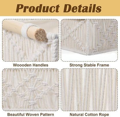 Macrame Storage Baskets Boho Decor Gift Box Woven Toilet Paper Basket with Wood Handles Home Decorative Baskets for Organizing on Shelf Cabinet Countertop Livingroom - Set of 2