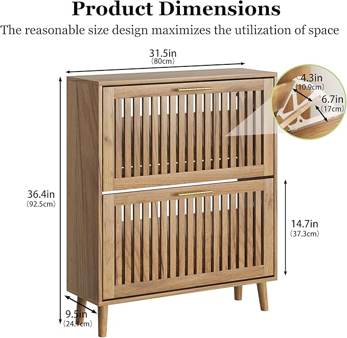 Shoe Storage Cabinet with Louvered 2 Flip Drawers, Narrow Shoe Cabinet Storage for Entryway, Freestanding Shoe Organizer Cabinet with Golden Handles, Slim Shoe Rack Cabinet 31.5in(Natural Wood)
