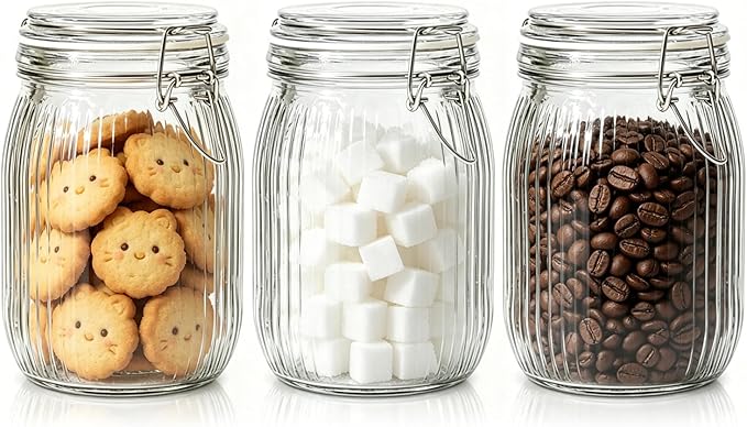 ComSaf 34oz Ribbed Glass Jars with Airtight Latch Lids - Set of 3 Farmhouse Vintage Canisters for Coffee, Sourdough Starter, Dry Goods & Fermenting, Pantry Organization & Kitchen Decor