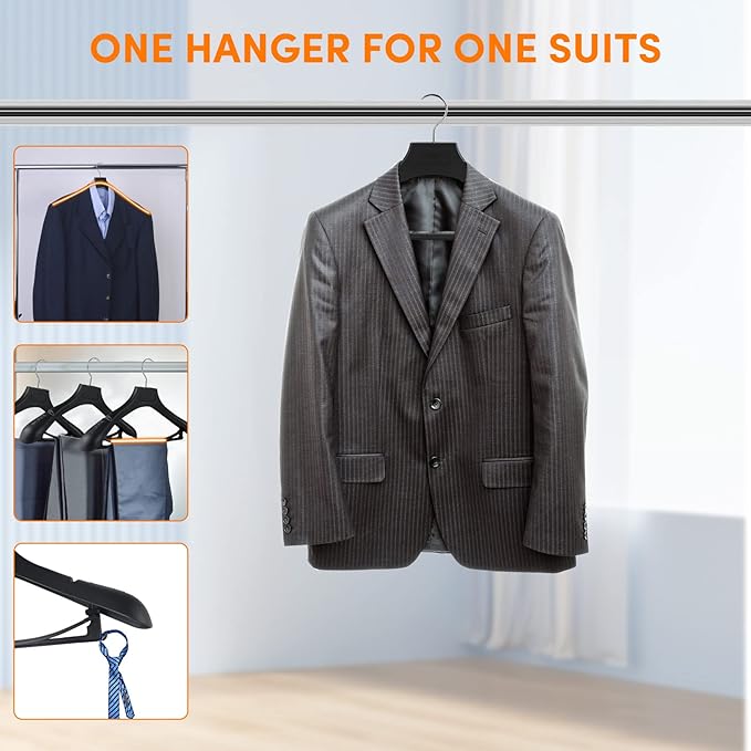 DEDU Suit Hangers for Men 20 Pack, Coat Hangers Non Slip Width 17.7", Black Extra WideThick Plastic with Pants Bar & Metal Hook