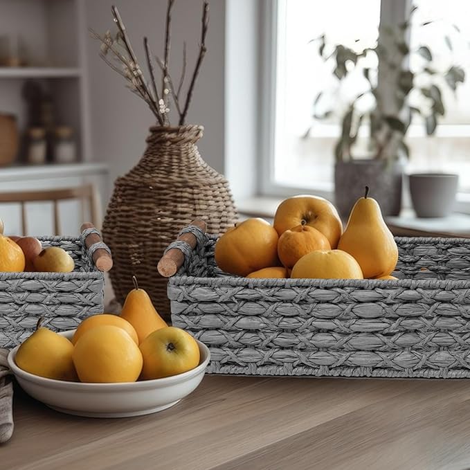 Small Storage Basket Wicker Baskets for Organizing with Handle Decorative Storage Bin for Countertop Toilet Paper Basket for Toilet Tank Top Small Baskets,Light Grey