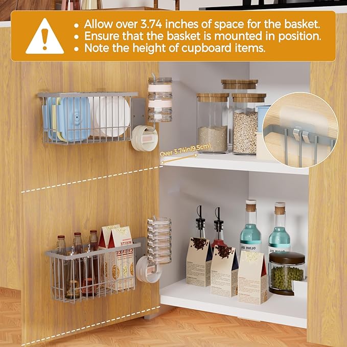 4 Pack Adhesive Cabinet Door Organizer - Tumbler Lid Organizer & Kitchen Storage baskets for Kitchen, Bathroom, Inside Cabinet Door Storage for Cup Lids, Spices, Small Supplies, Space-Saving (Grey)