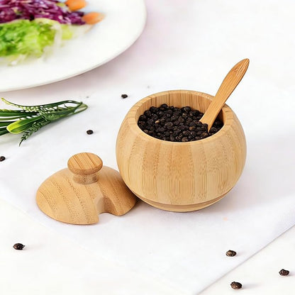 Bamboo Salt Cellar with Lid and Spoon, 1/2 Cup Wooden Spice Box Storage Container for Kitchen and Restaurant Countertop, Organizes Himalayan Pink, Kosher, Sea Salts & Herbs