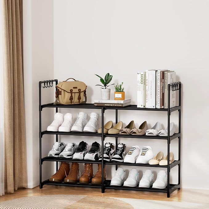 2 Rows 4 Tier Shoe Rack, Black Metal Stackable Shoe Shelf with Multifunctional Hooks, Hold 16-20 Pairs, Space Saving Shoe Organizer for Closet, Bedroom