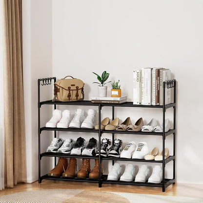 2 Rows 4 Tier Shoe Rack, Black Metal Stackable Shoe Shelf with Multifunctional Hooks, Hold 16-20 Pairs, Space Saving Shoe Organizer for Closet, Bedroom