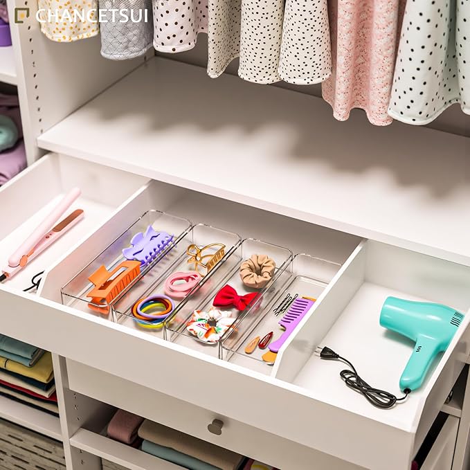CHANCETSUI Clear Acrylic Drawer Organizer Storage: Stackable Plastic Storage Tray for Makeup and Personal Care, 4 Pieces, 3x9 Inch