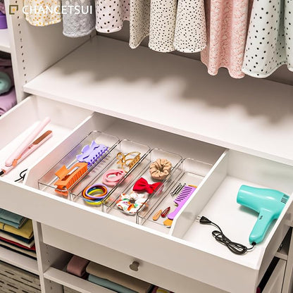 CHANCETSUI Clear Acrylic Drawer Organizer Storage: Stackable Plastic Storage Tray for Makeup and Personal Care, 4 Pieces, 3x9 Inch