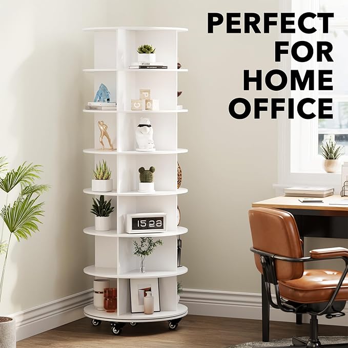 SpaceAid Spinning Shoe Rack with Wheels, 7 Tier Rotating Organizer Shoe Tower Lazy Susan with Thick Bottom, 360 Display Revolving Storage Shelf, Round Circular Rotate Organization, White