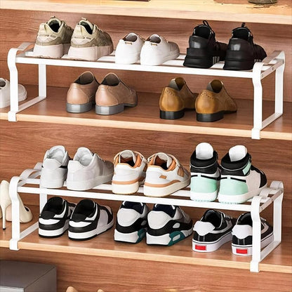 Expandable Hanging Shoe Rack for Closet, 2 Pack Retractable Metal Under Shelf Rack, Adjustable Under Cabinet Storage Shelf & Partition Organizer for Wardrobe, Kitchen, White