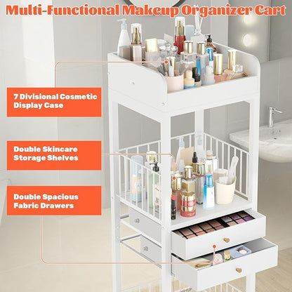 Makeup Organizer Cart, Rolling Floor Skincare Organizer and Storage with 2 Drawers, Versatile Makeup Vanity Display Cases Holder for Skin Care, Cosmetics, Perfume, Nail Polish, Makeup Brush, Hair Tool