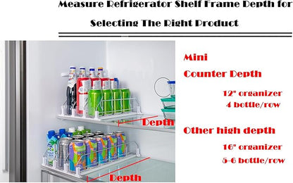 Drink Organizer for Fridge, Self-Pushing Soda Can Organizer for Counter Refrigerator, Width Adjustable Pusher Glide, White, 12”depth-5rows